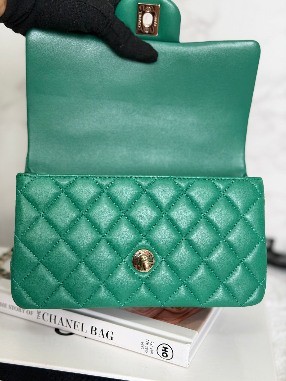 CHANEL Green Lambskin LGHW Mini Rectangular Flap Bag with Top Handle 2022 22A collection