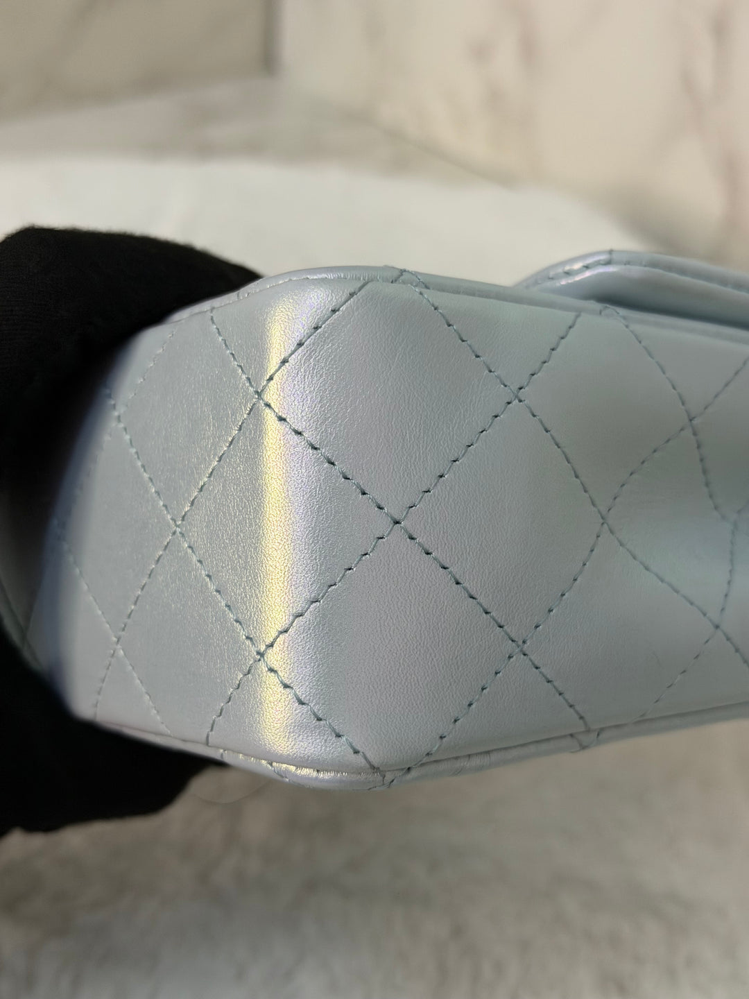 CHANEL 21K 2021 Iridescent light Blue Calf skin SHW Mini rectangular flap bag microchip