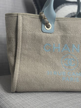 Load image into Gallery viewer, Chanel Beige And Light Blue Mixed Fibres Deauville Tote with Leather Top Handle Size Small
