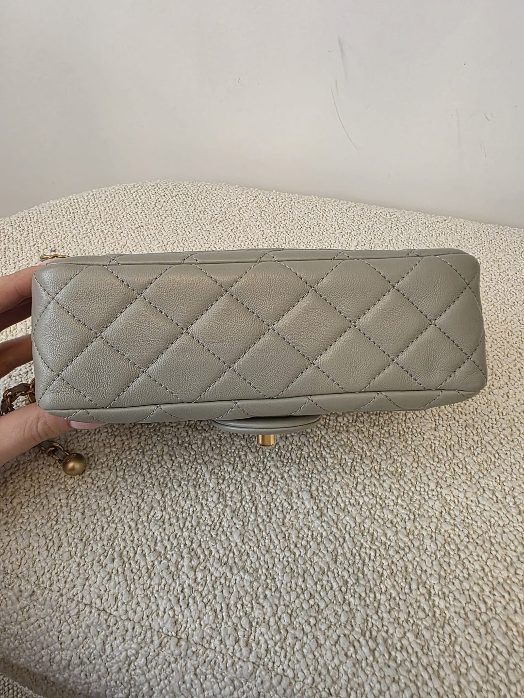 CHANEL Grey Lambskin Adjustable Chain Pearl Crush Mini Rectangular Flap Bag with Aged GHW