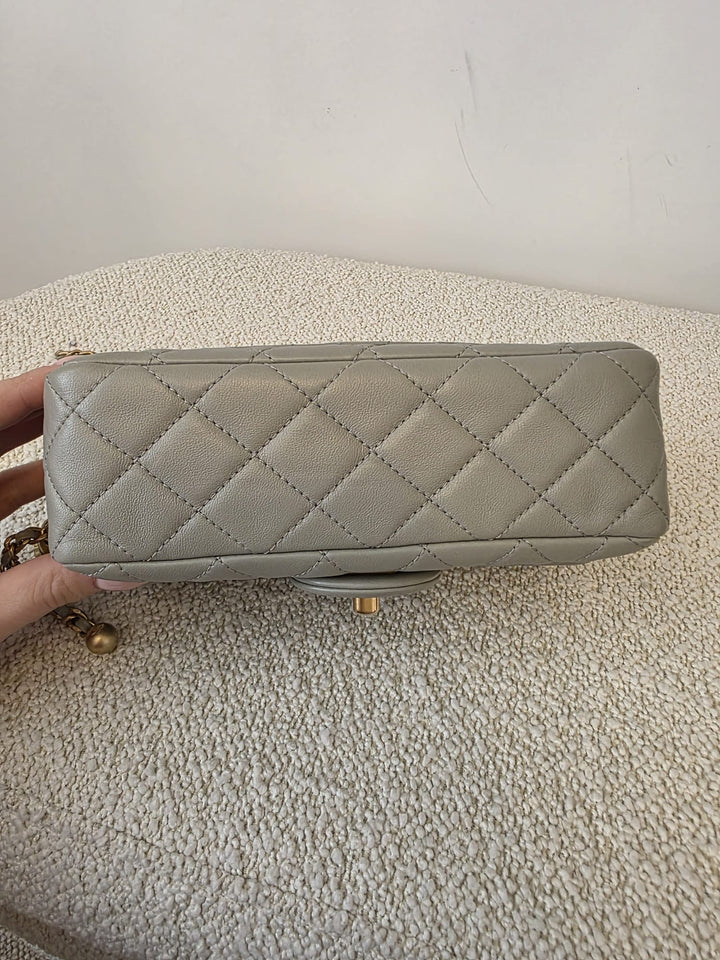 CHANEL Grey Lambskin Adjustable Chain Pearl Crush Mini Rectangular Flap Bag with Aged GHW