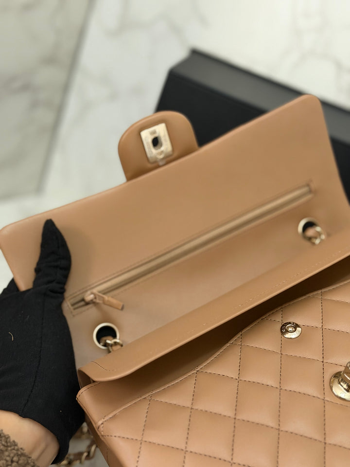 CHANEL 22K collection 2022 Dark Beige Lambskin LGHW Medium ML Timeless Classic Double Flap Bag