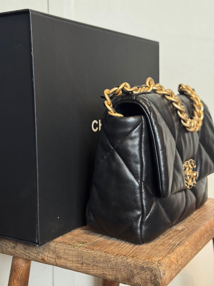CHANEL 19 size Small Black Lambskin Mixed hardware Flap Bag with Top handle