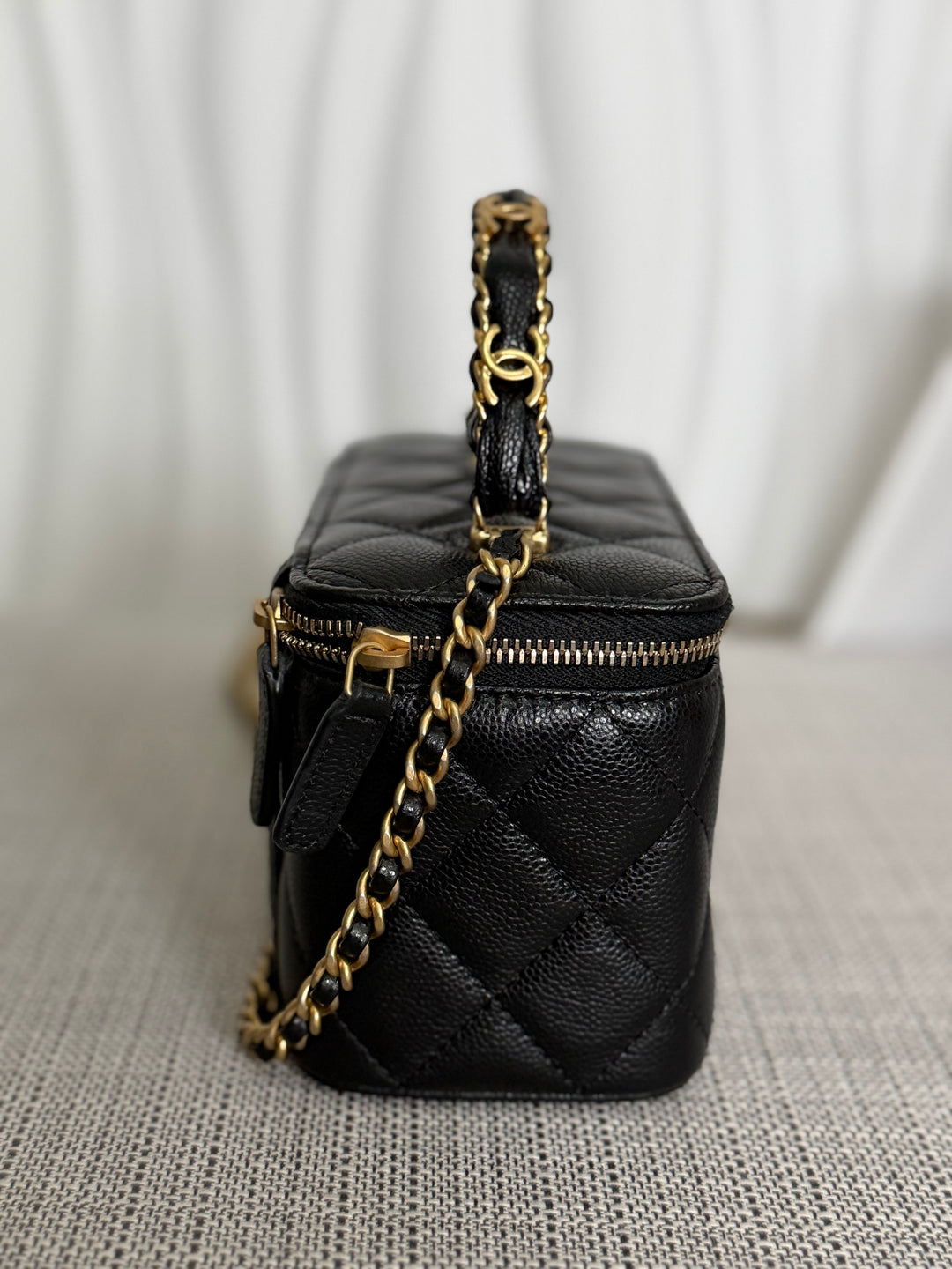 CHANEL Black Caviar Metal Top Handle Small Vanity with Chain 2025 Aged GHW