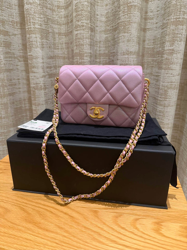 CHANEL 21K iridescent pink caviar aged GHW Adjustable chain My Perfect Mini Flap Bag 2021