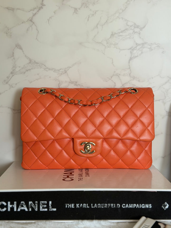 CHANEL 20S Orange Lambskin LGHW Medium ML Timeless Classic Double Flap Bag