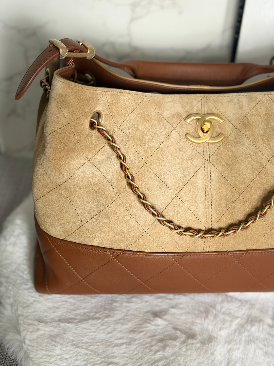 CHANEL 26S Beige Suede and Brown Leather Shopping Tote Bag 2026 size Small