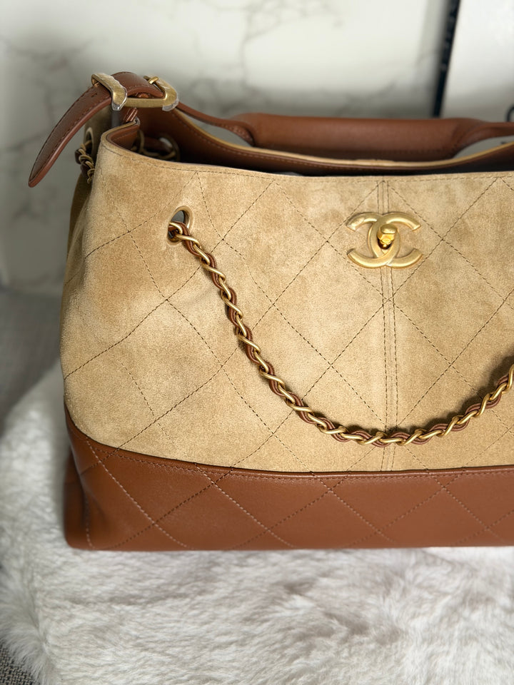 CHANEL 26S Beige Suede and Brown Leather Shopping Tote Bag 2026 size Small