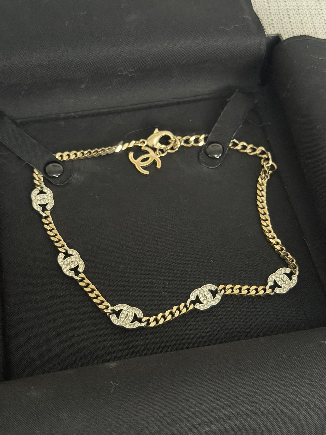 CHANEL Crystal CC Choker Necklace in Silver and Light Gold Hardware