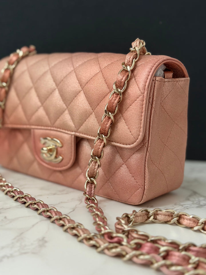 CHANEL 21S Ombré Rose Gold Metallic Copper Lambskin LGHW Mini Rectangular Flap Bag 2021