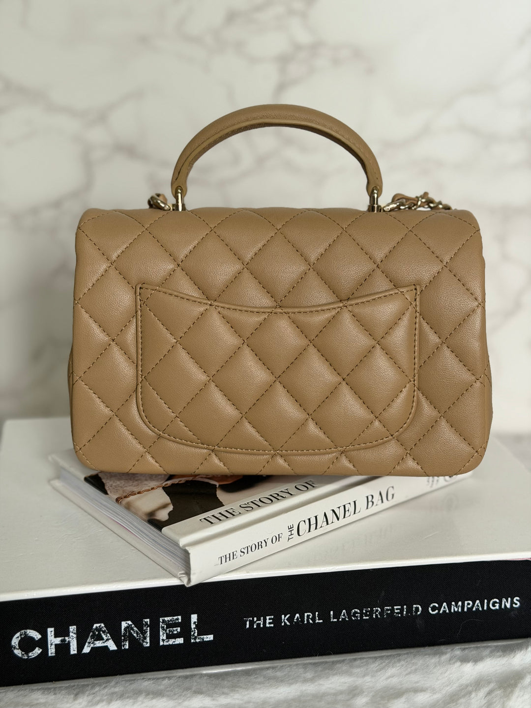 CHANEL Dark Beige Lambskin LGHW Mini Rectangular Flap Bag with Top Handle 2023