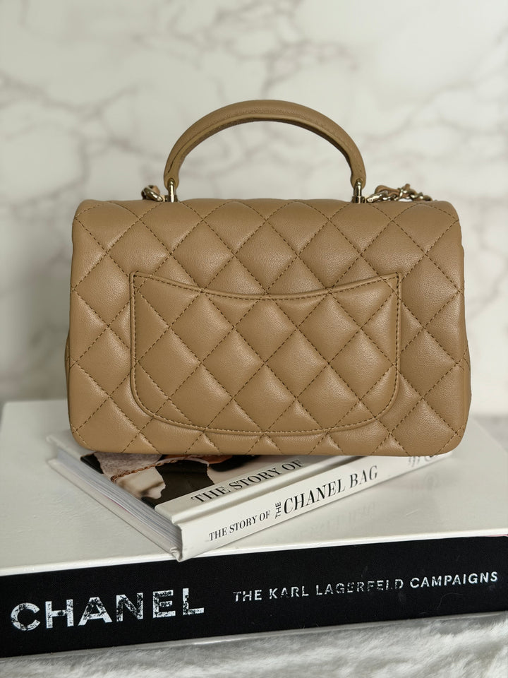 CHANEL Dark Beige Lambskin LGHW Mini Rectangular Flap Bag with Top Handle 2023
