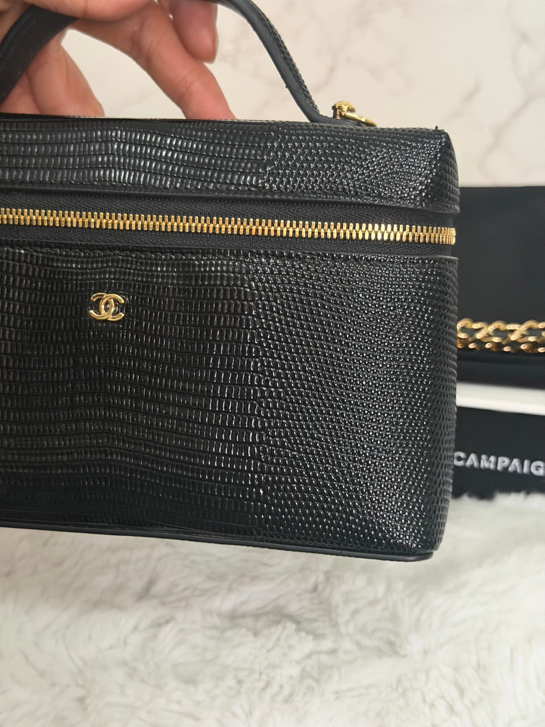 CHANEL Black Lizard Embossed Calf Skin GHW LP Long Vanity with top handle 26A 2026