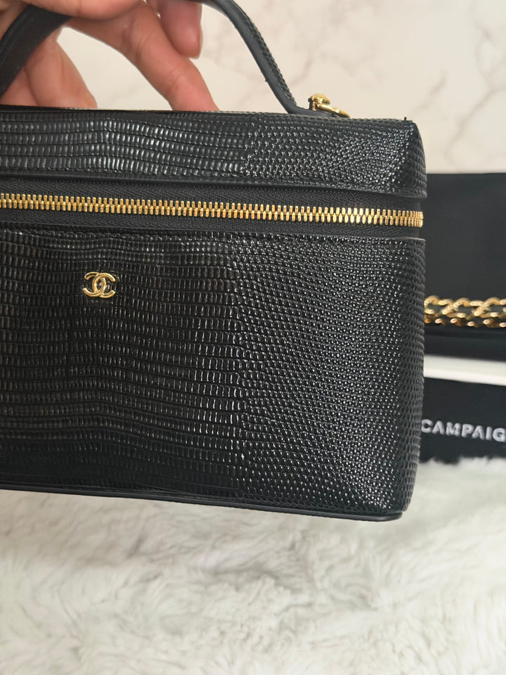 CHANEL Black Lizard Embossed Calf Skin GHW LP Long Vanity with top handle 26A 2026
