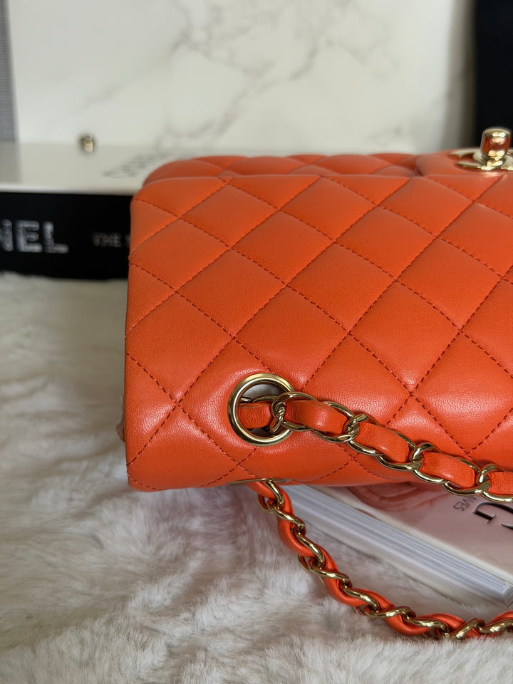 CHANEL 20S Orange Lambskin LGHW Medium ML Timeless Classic Double Flap Bag