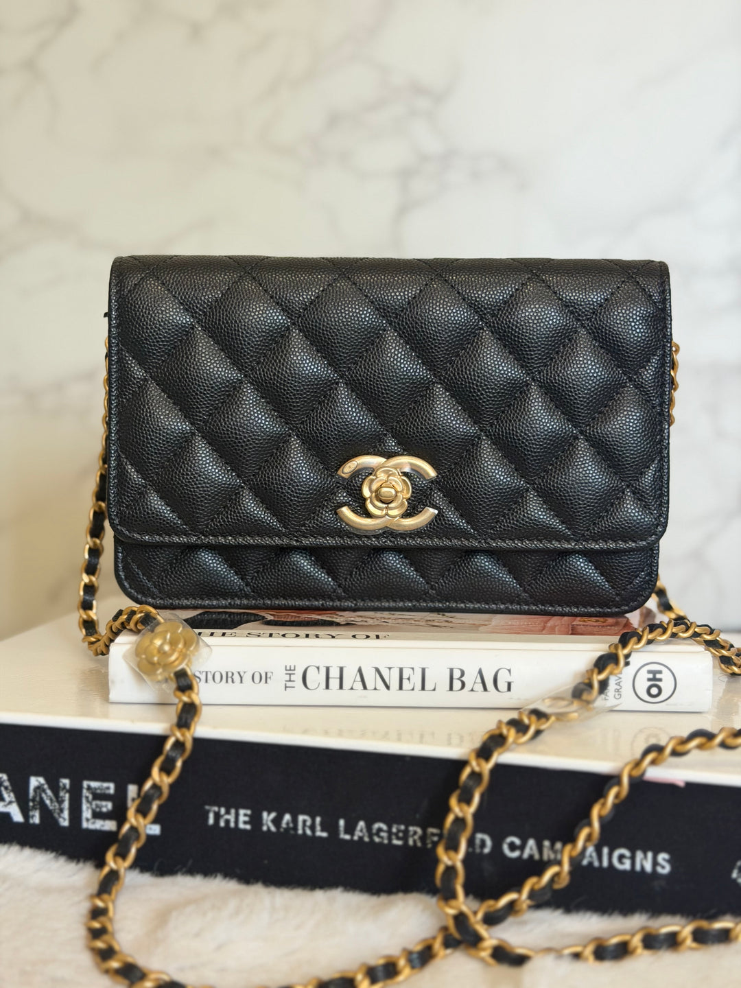 CHANEL Camellia Turnlock Black Lambskin Brushed GHW Classic Wallet on Chain (WOC) microchip 2023