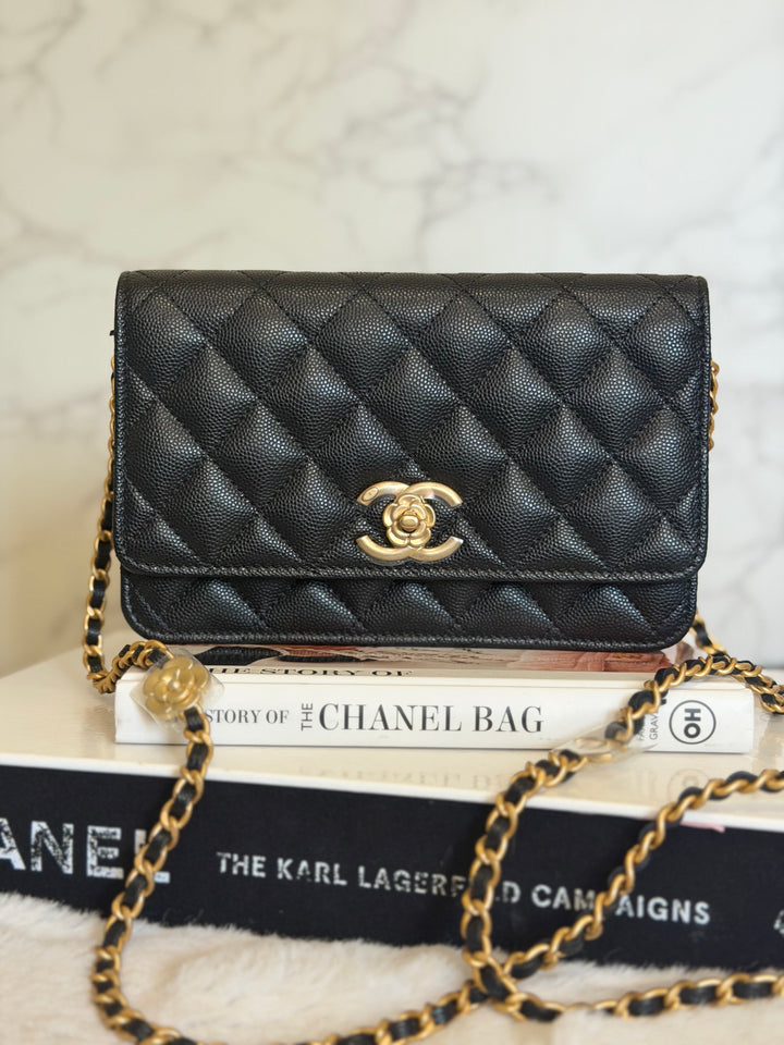 CHANEL Camellia Turnlock Black Lambskin Brushed GHW Classic Wallet on Chain (WOC) microchip 2023