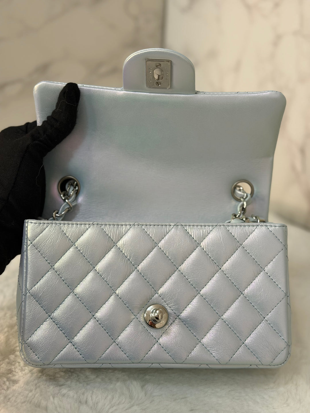 CHANEL 21K 2021 Iridescent light Blue Calf skin SHW Mini rectangular flap bag microchip