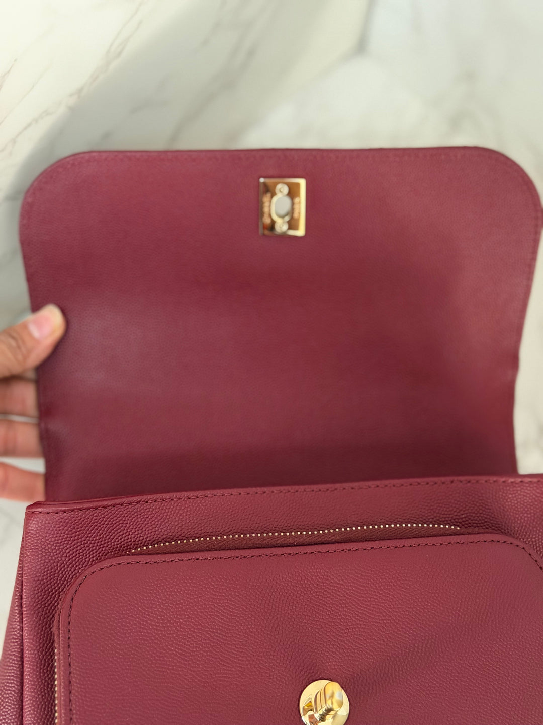 Chanel series 28 19B Collection 2019 Burgundy Caviar Business Affinity Flap Bag with Champagne GHW size Medium