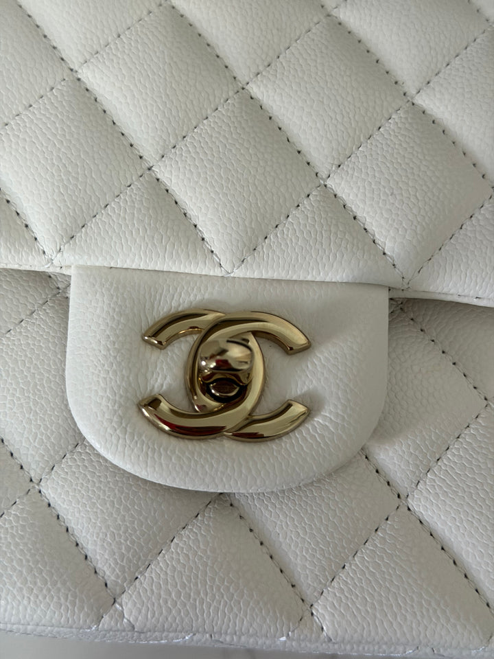CHANEL 2023 White Caviar LGHW Medium ML Timeless Classic Double Flap Bag