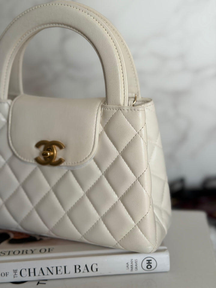 CHANEL White Calf skin Aged GHW Kelly Shopping Bag Size Small 2026