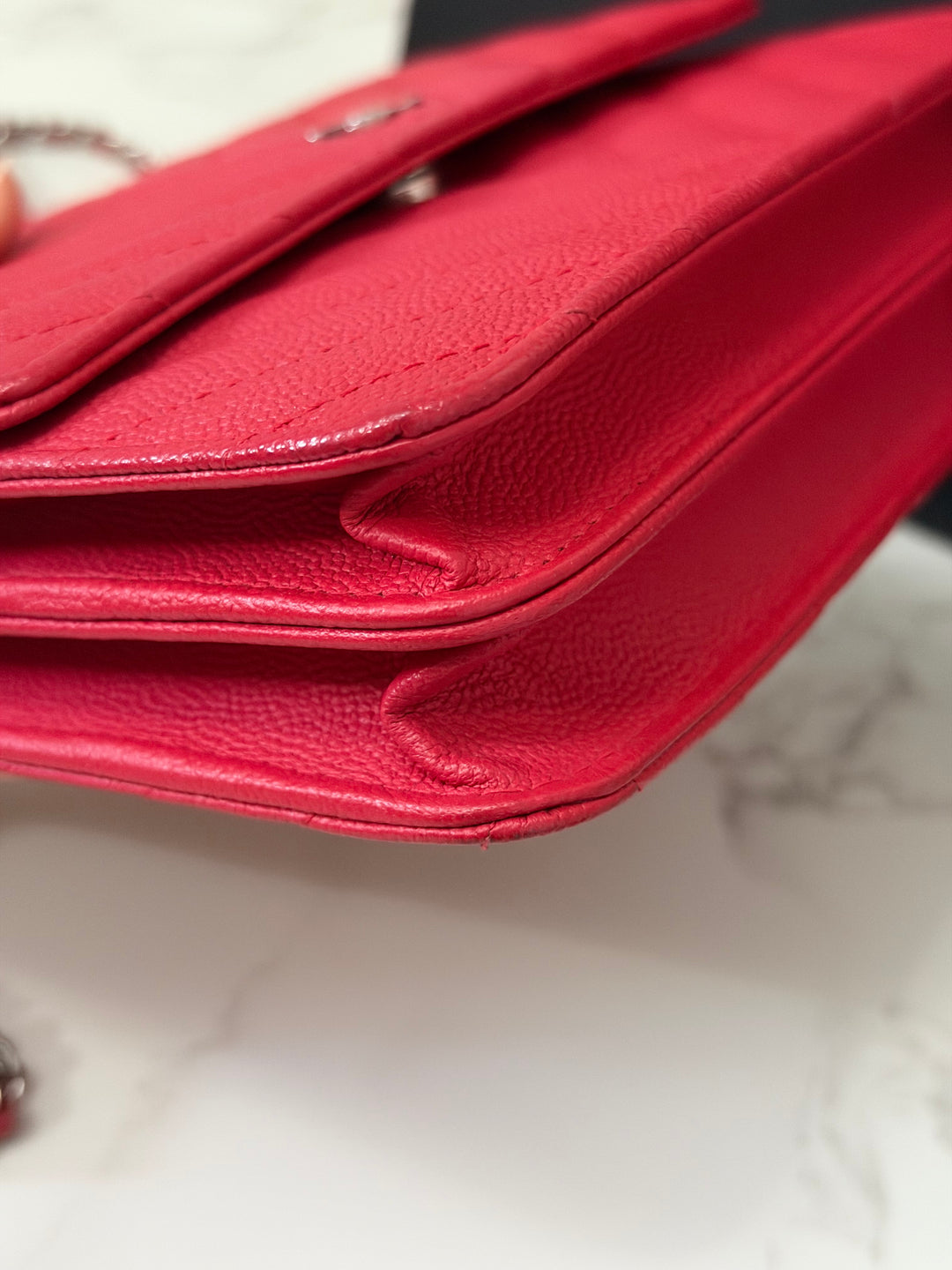 CHANEL series 25 2018 Dark pink chevron caviar SHW Square Wallet On Chain (WOC)