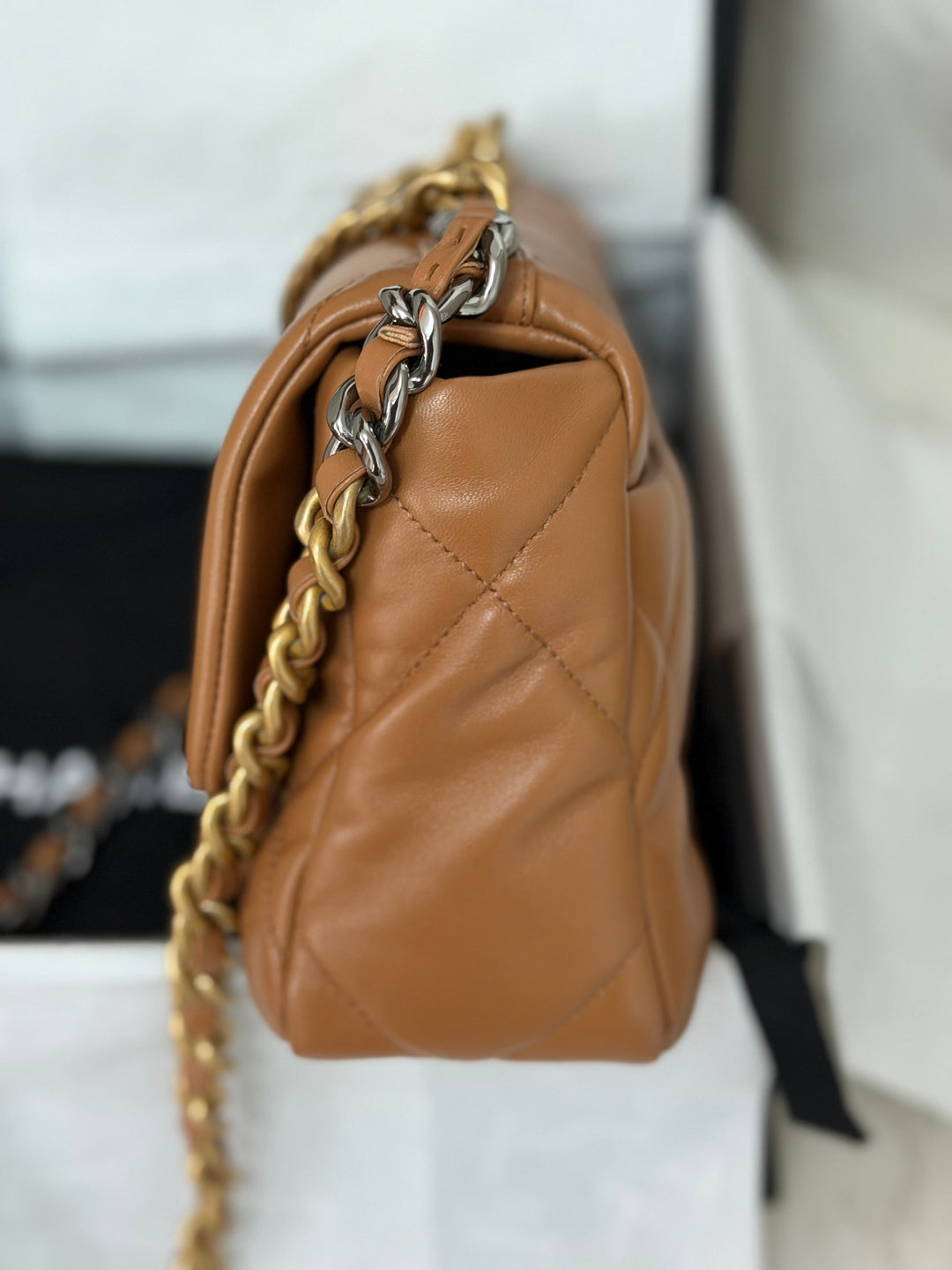 CHANEL Caramel Brown Lambskin Mixed Hardware 19 Size Small Medium Flap bag from 2022