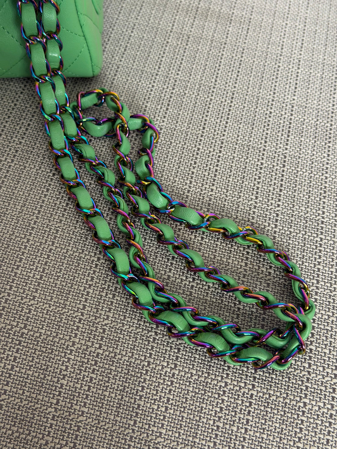 CHANEL series 31 21P Two Tone Green Blue Lambskin Rainbow Iridescent Hardware Mini Rectangular Flap Bag 2021