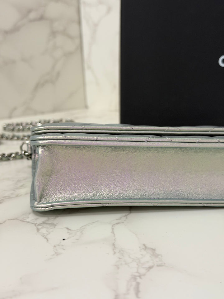 CHANEL 21K Silver Lambskin SHW Classic Wallet On Chain (WOC)
