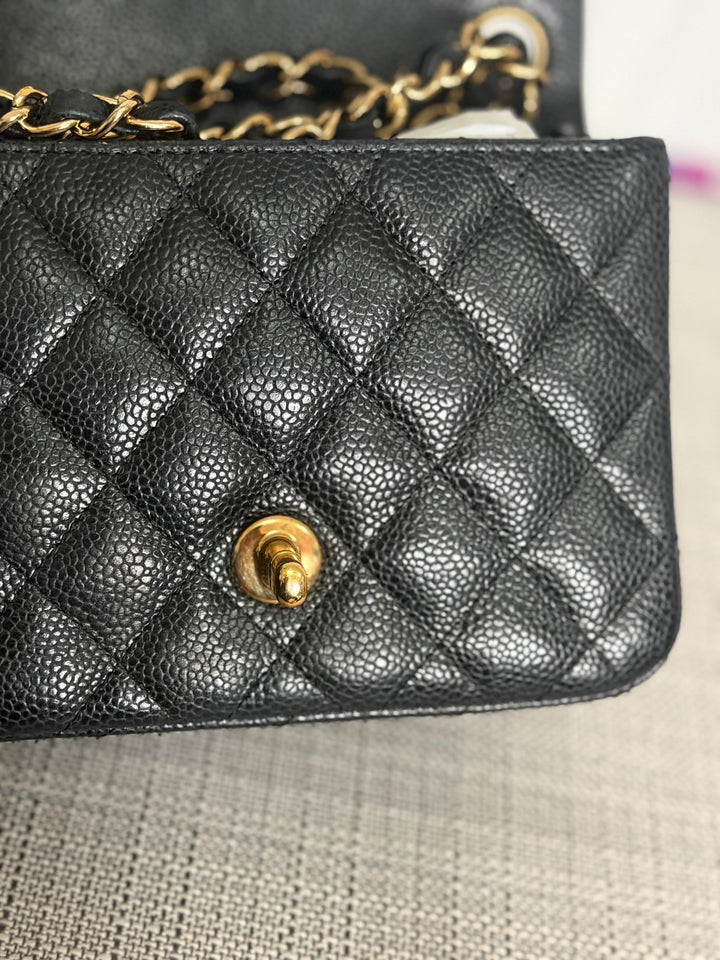 CHANEL series 13 Black Caviar GHW Vintage Square Mini Flap Bag with Edge stitching