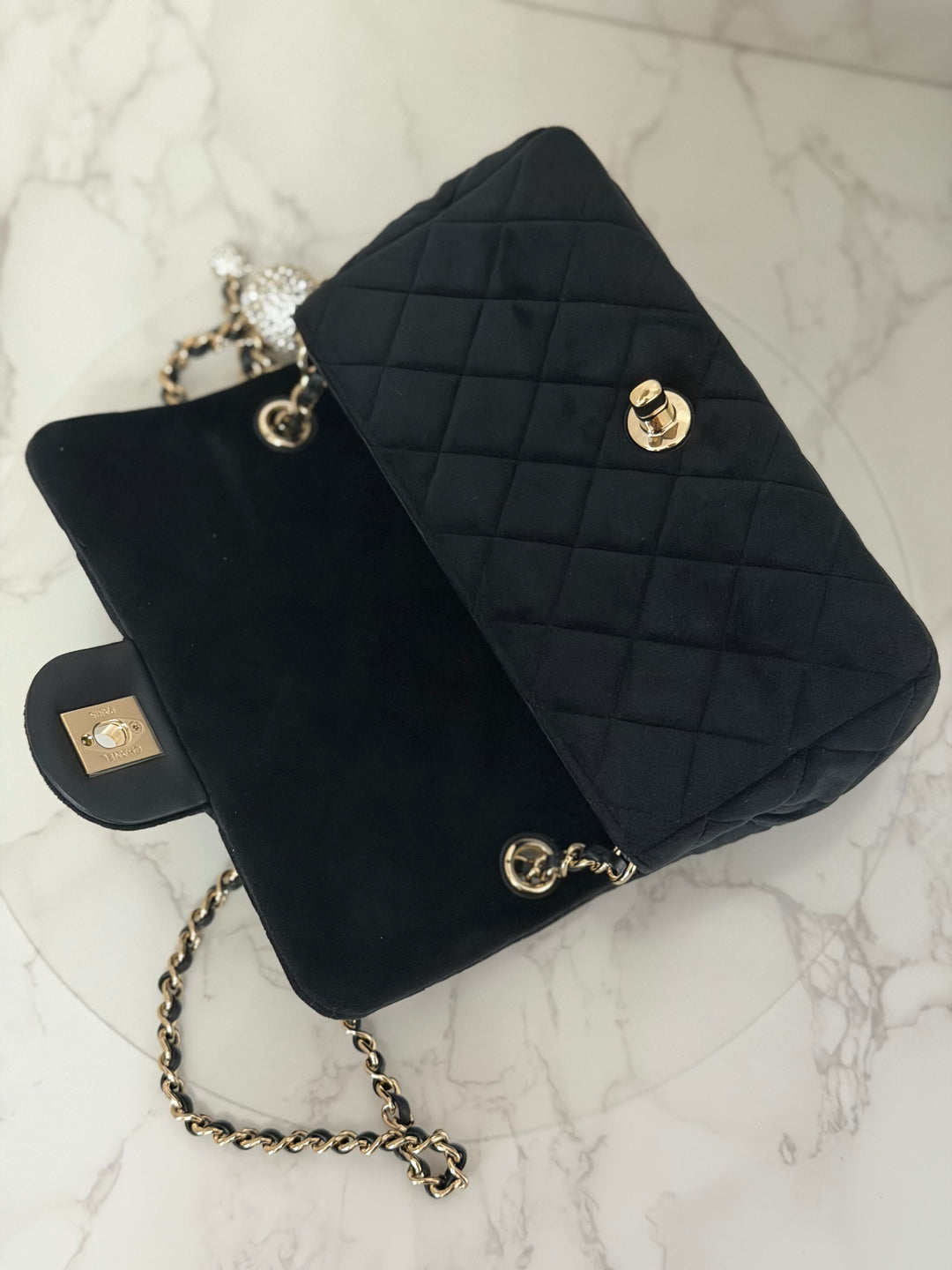 CHANEL series 30 20K collection 2020 Black Velvet Crystal Pearl Crush Adjustable Strap LGHW Mini Rectangular Flap Bag