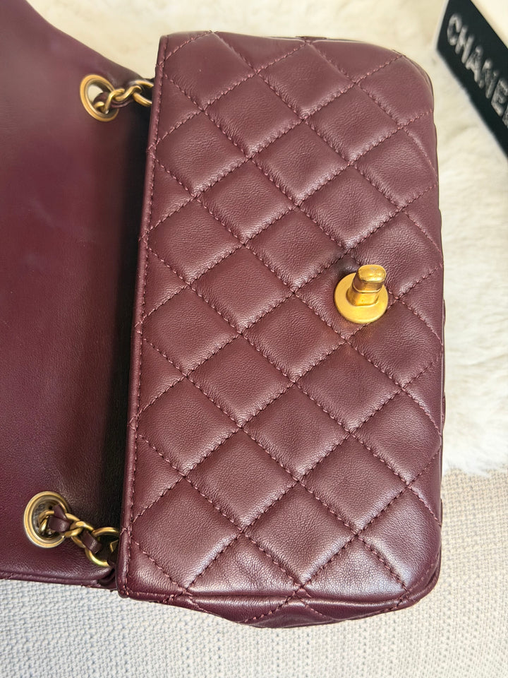 CHANEL 21B Burgundy Lambskin Aged GHW Pearl Crush Mini Rectangular Flap Bag 2021