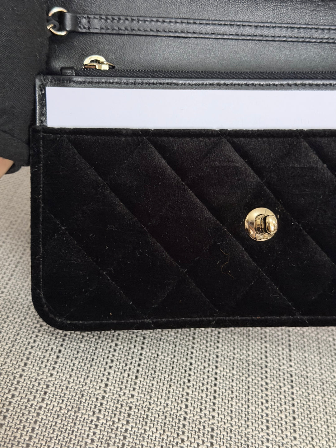 CHANEL 2025 Black Velvet Crystal Pearl Crush Adjustable Strap Wallet on Chain (WOC)
