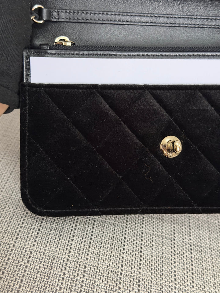 CHANEL 2025 Black Velvet Crystal Pearl Crush Adjustable Strap Wallet on Chain (WOC)