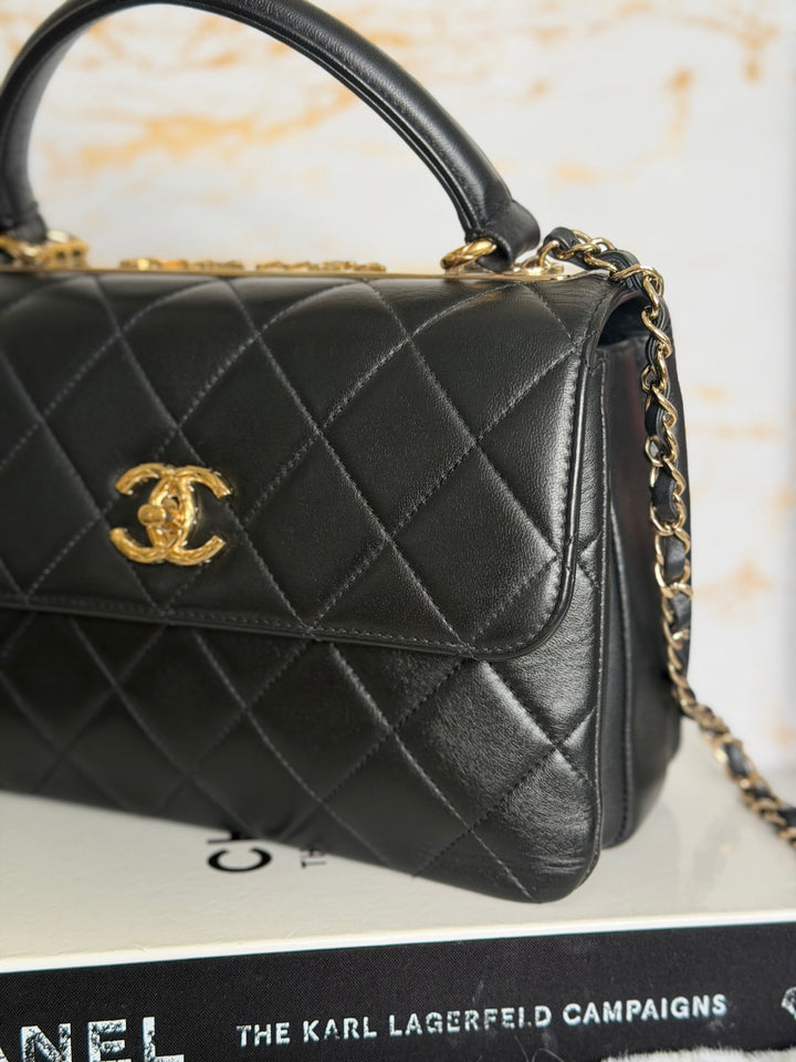 CHANEL Black Lambskin LGHW Trendy CC Flap Bag size SMALL with Non detachable Shoulder strap 2023