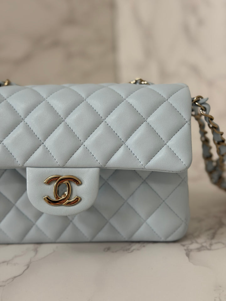 CHANEL 25S collection 2025 Light Baby Blue Lambskin LGHW Mini Rectangular Flap Bag