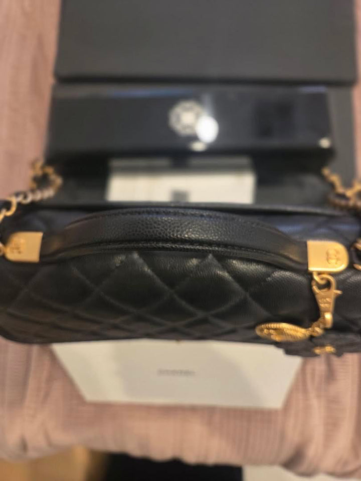 CHANEL 25B 2025 Top Handle Black Caviar Aged GHW with Charm