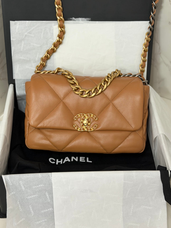 CHANEL Caramel Brown Lambskin Mixed Hardware 19 Size Small Medium Flap bag from 2022
