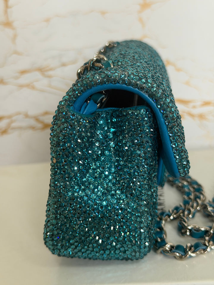CHANEL series 21 Turquoise Teal Green Blue Diamanté Swarovski Crystal Strasssd Extra Mini Flap Bag with SHW *unicorn* RARE