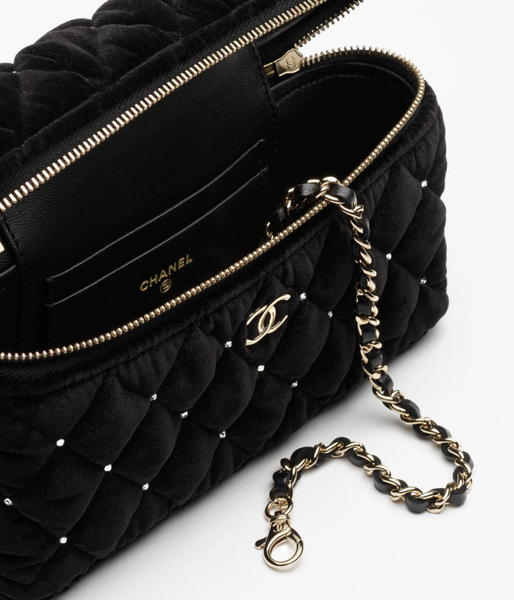 CHANEL 25K 2025 Black Velvet Diamanté Long Vanity with Detachable chain LGHW