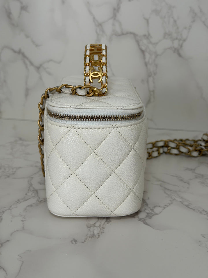 CHANEL 22S Collection 2022 Pick Me Up White Caviar Small Vanity Case with Metal Top Handle GHW