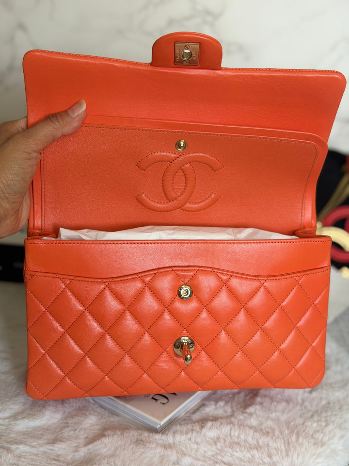 CHANEL 20S Orange Lambskin LGHW Medium ML Timeless Classic Double Flap Bag