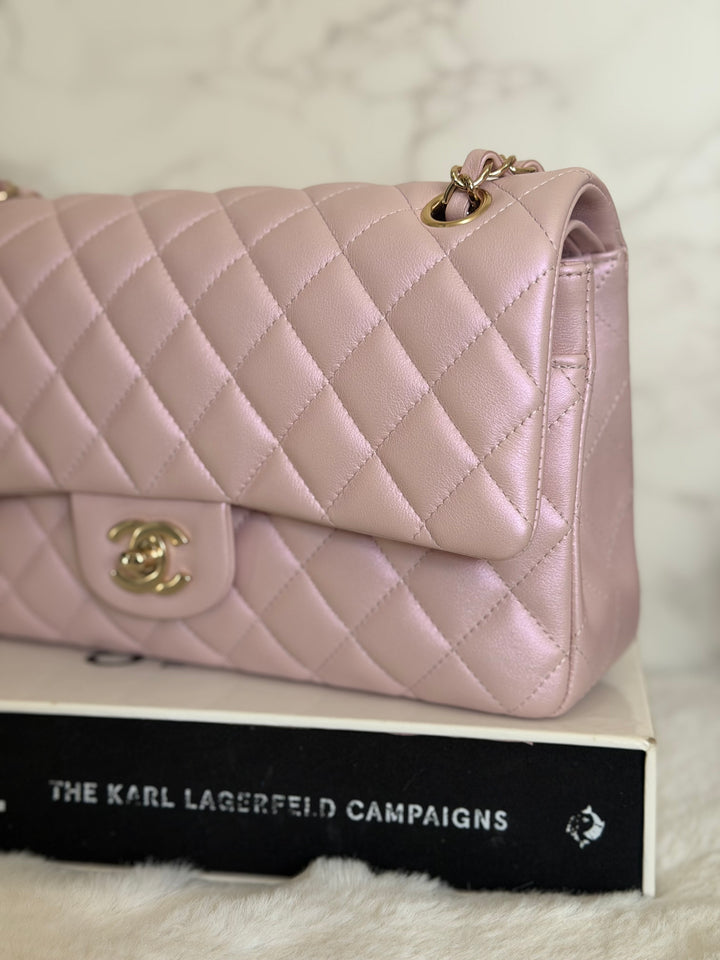 CHANEL 21S iridescent Pink Calf Skin LGHW Medium ML Timeless Classic Double Flap Bag series 31 2021