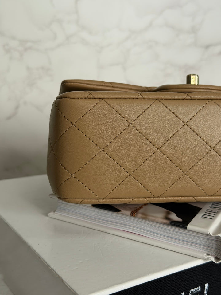 CHANEL Dark Beige Lambskin LGHW Mini Rectangular Flap Bag with Top Handle 2023