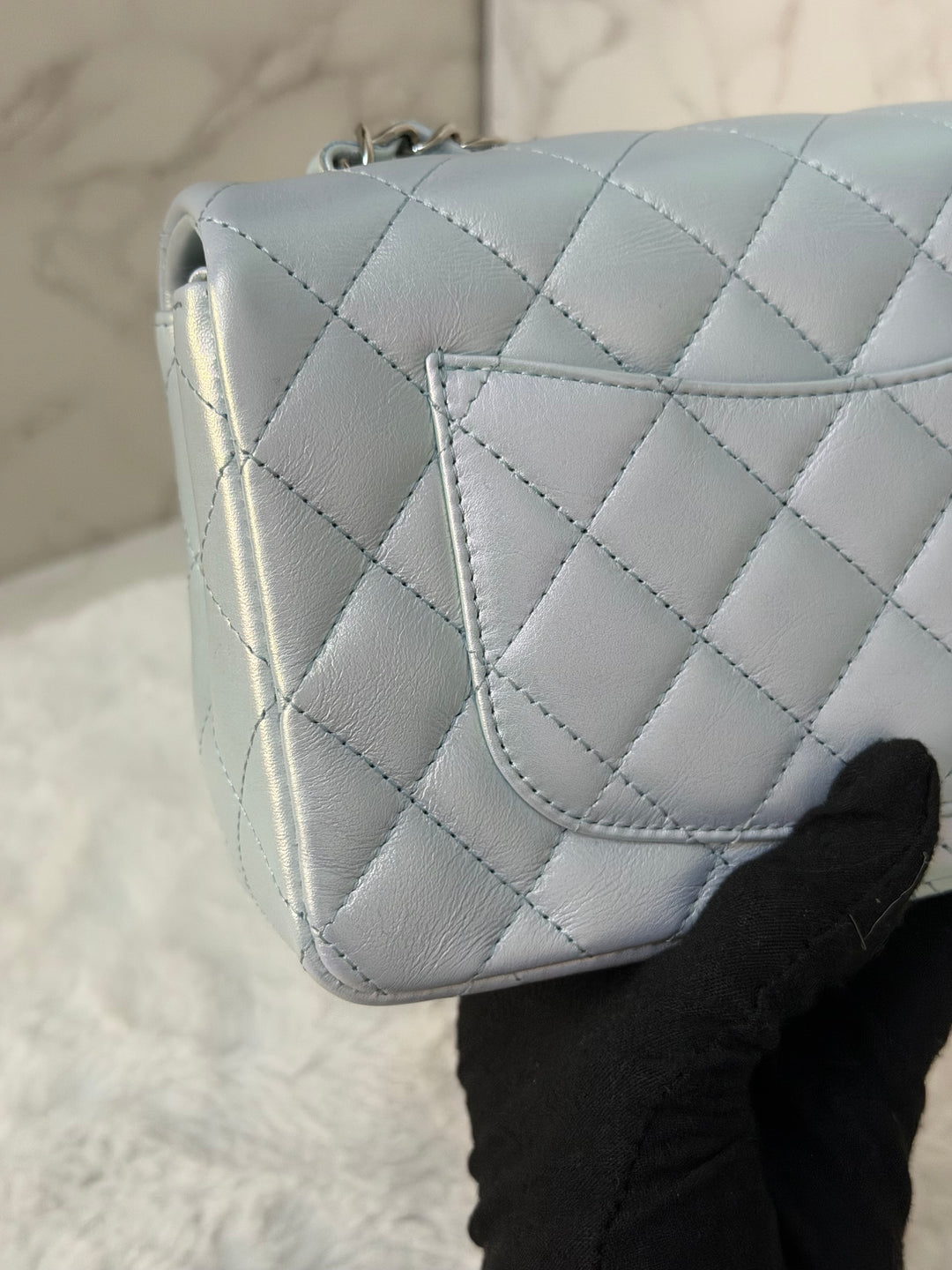 CHANEL 21K 2021 Iridescent light Blue Calf skin SHW Mini rectangular flap bag microchip