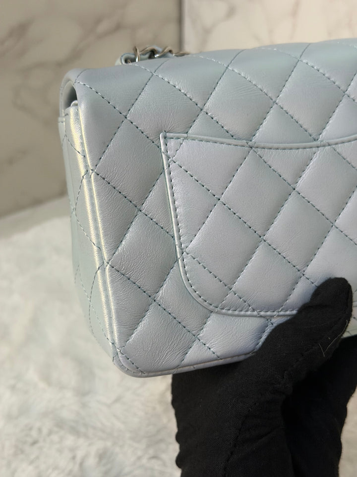 CHANEL 21K 2021 Iridescent light Blue Calf skin SHW Mini rectangular flap bag microchip