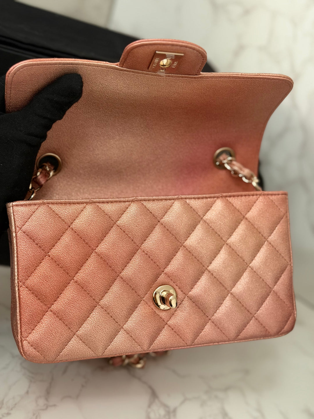 CHANEL 21S Ombré Rose Gold Metallic Copper Lambskin LGHW Mini Rectangular Flap Bag 2021