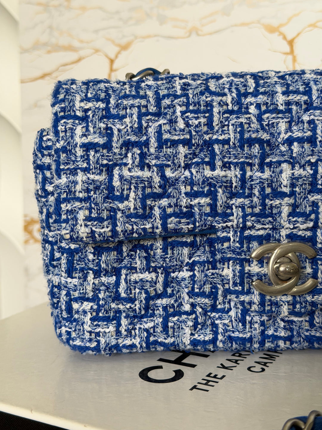 CHANEL 23P Cobalt Blue Muti Coloured Tweed Brushed SHW Mini rectangular flap bag 2023