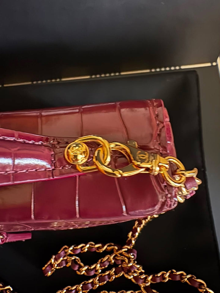 CHANEL 26B Burgundy Calf Skin Croc Embossed LGHW LP Long Vanity with detachable chain size SMALL 19 cms 2026