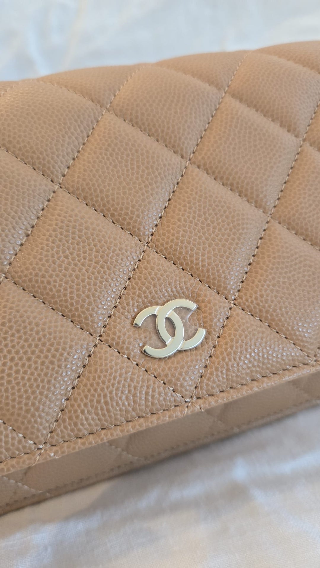 CHANEL 23P Caramel Dark Beige Caviar LGHW Classic Wallet On Chain (WOC)